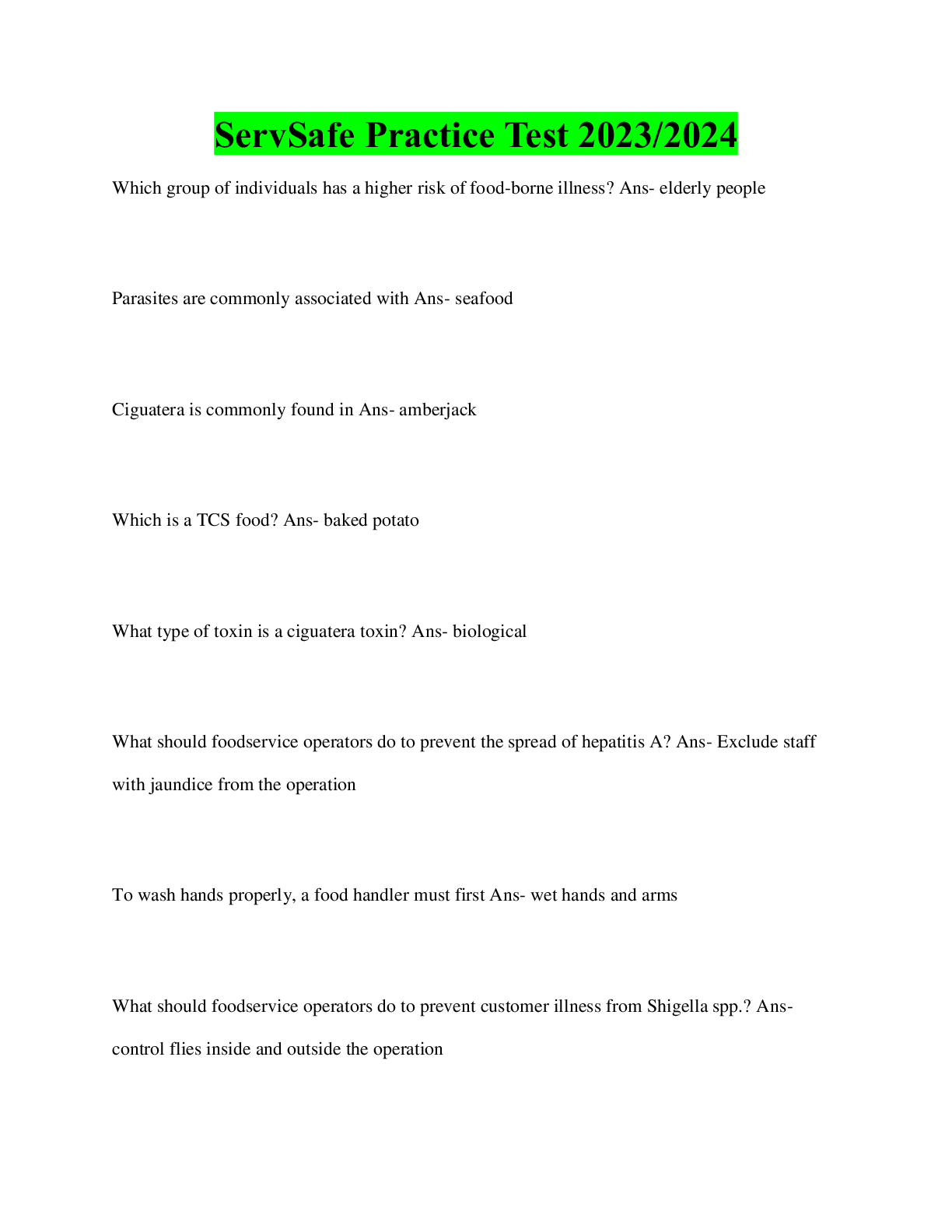 Preview image for ServSafe Practice Test 2023/2024